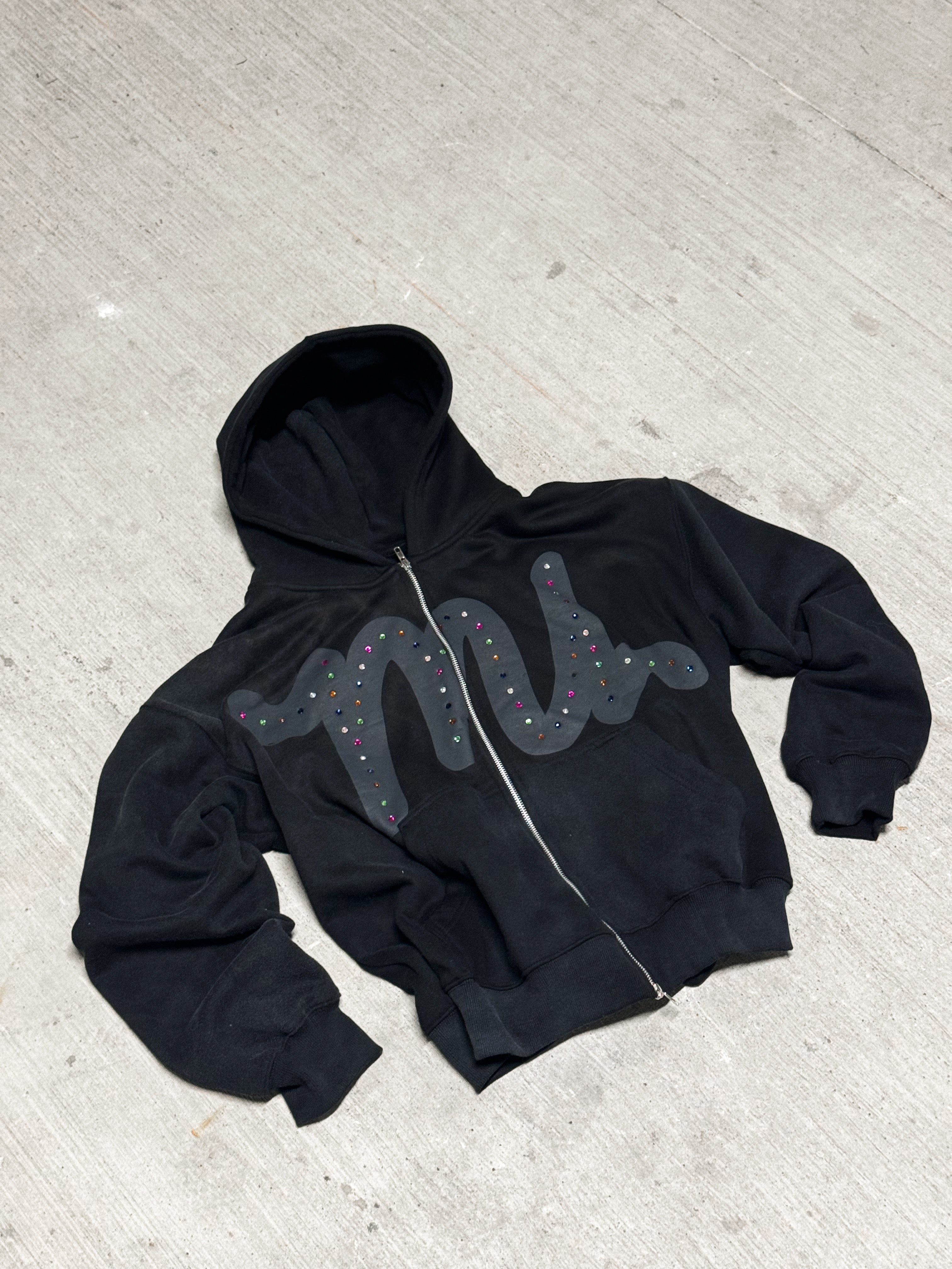 BLACK RHINESTONE ZIP-UP