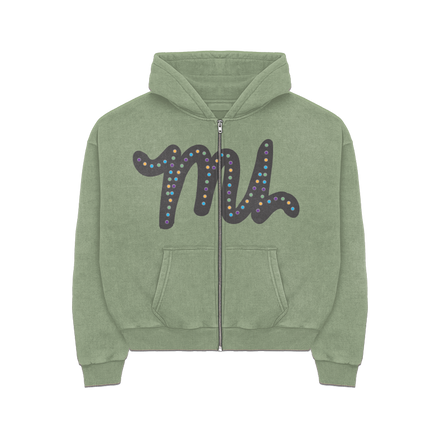 Olive Rhinestone Zip-Up